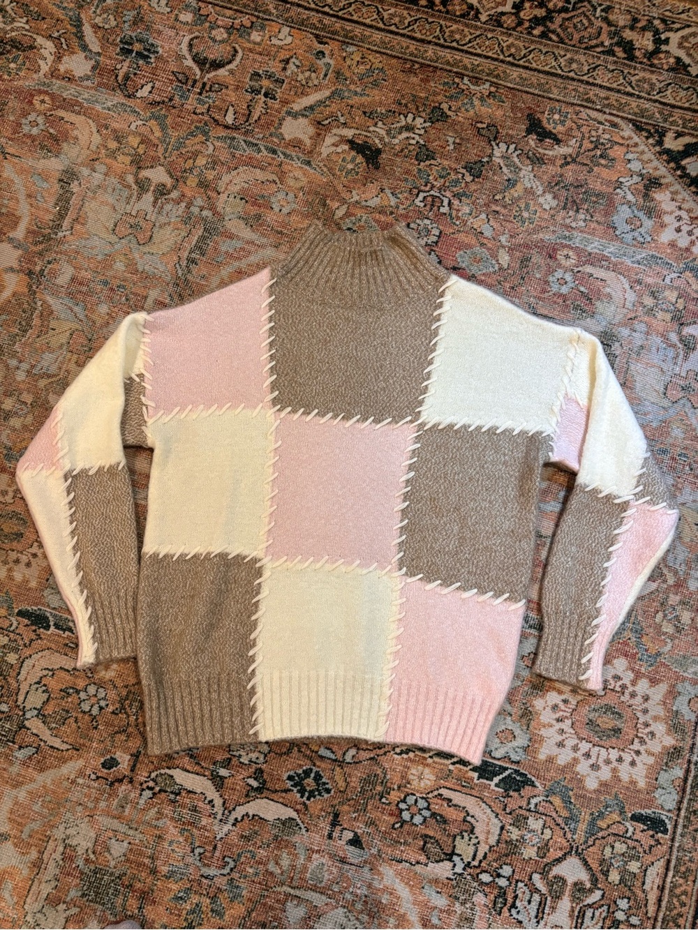 Gilli Patchwork Cowlneck Sweater in Pink, Cream & Taupe
